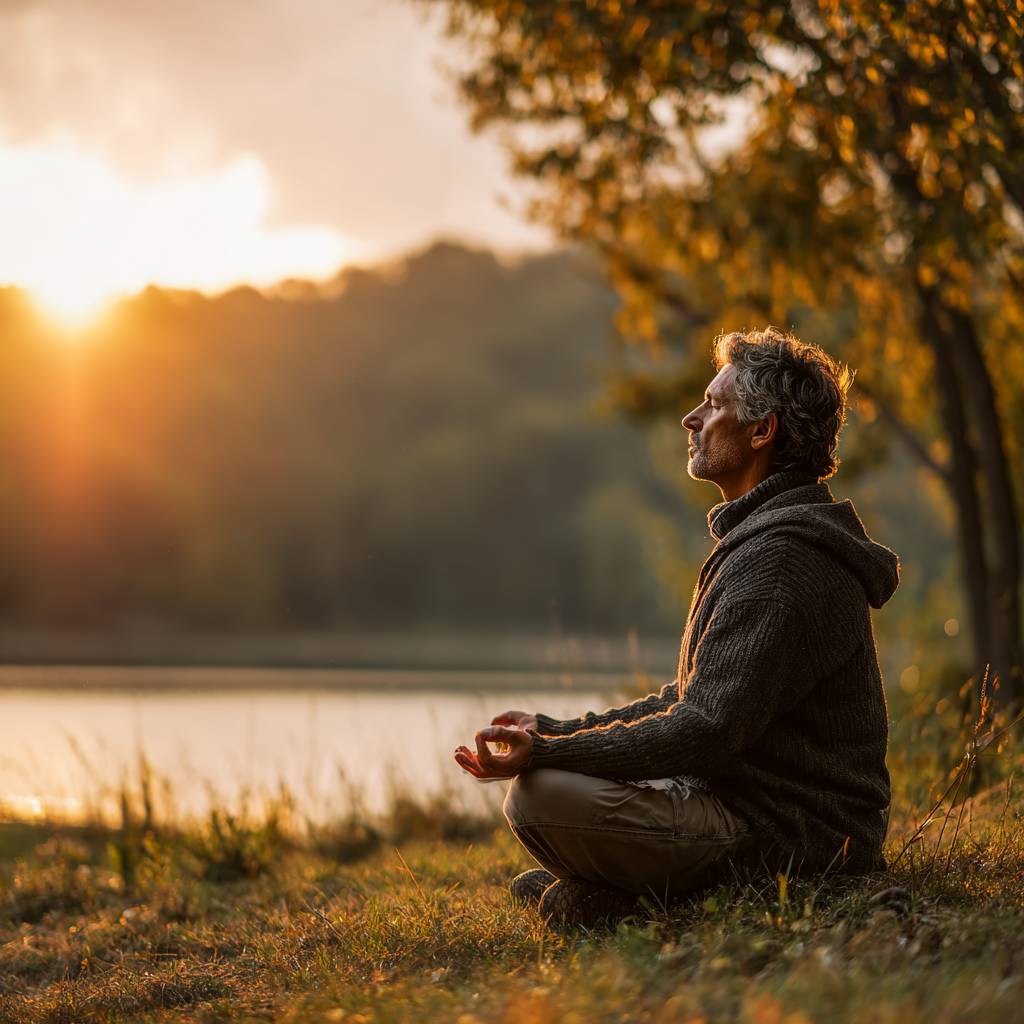 Middle-aged person practicing mindful meditation in peaceful natural environment