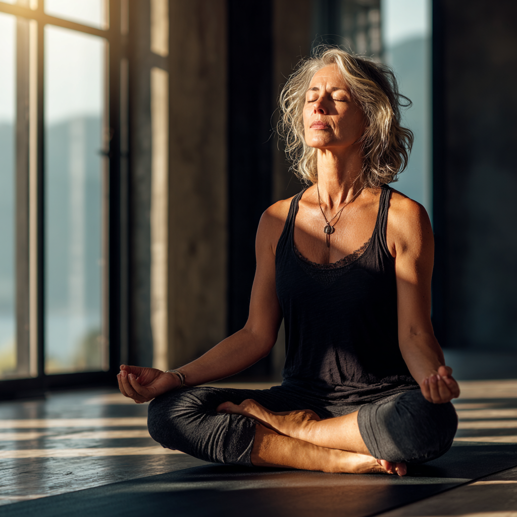 Serene middle-aged adult practicing yoga in peaceful studio with natural light